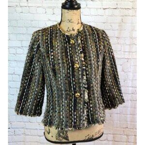 CAbi Jacket Brown Tan Nubby Tweed Big Gold Buttons Rough Edges Small